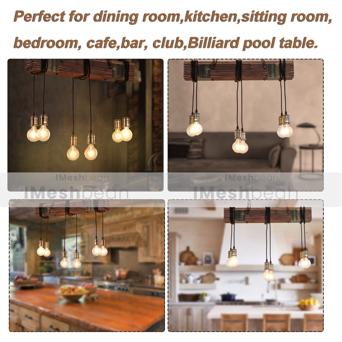 iMeshbean Rustic Chandelier Farmhouse Wood Beam Hanging Industrial Pendant Lighting Vintage Ceiling Light Fixture 6 Heads for Dining Table Kitchen Island Bar Coffee Billiard Pool Table Easy to Install
