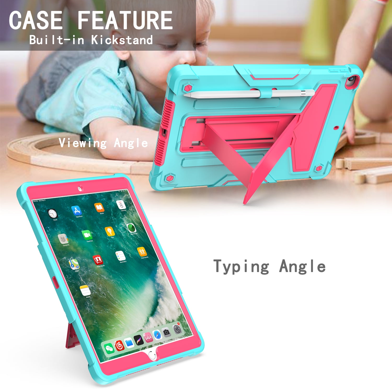 Allytech iPad 7th Generation Cases, iPad 10.2" 2019 Case Heavy Duty Hybrid PC + Silicone Drop Protection Rugged Case with Pencil Holder Built-in Kickstand for Apple iPad 10.2 inch, Aqua/Rose