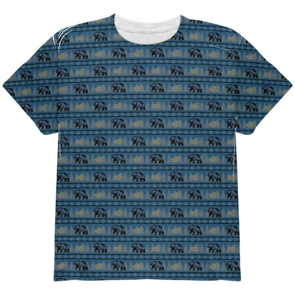 Grizzly Bear Pattern Blue All Over Youth T Shirt Multi YMD