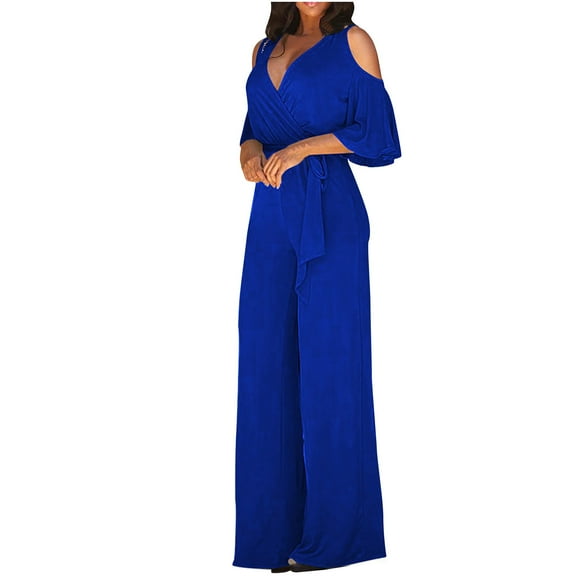 Qetyuw Womens Dressy Jumpsuits 3/4 Sleeve Off-Shoulder Overalls Wrap V Neck Romper High Waist Belted Wide Leg Onesie Elegant Flowy Evening Party Outfits Sets