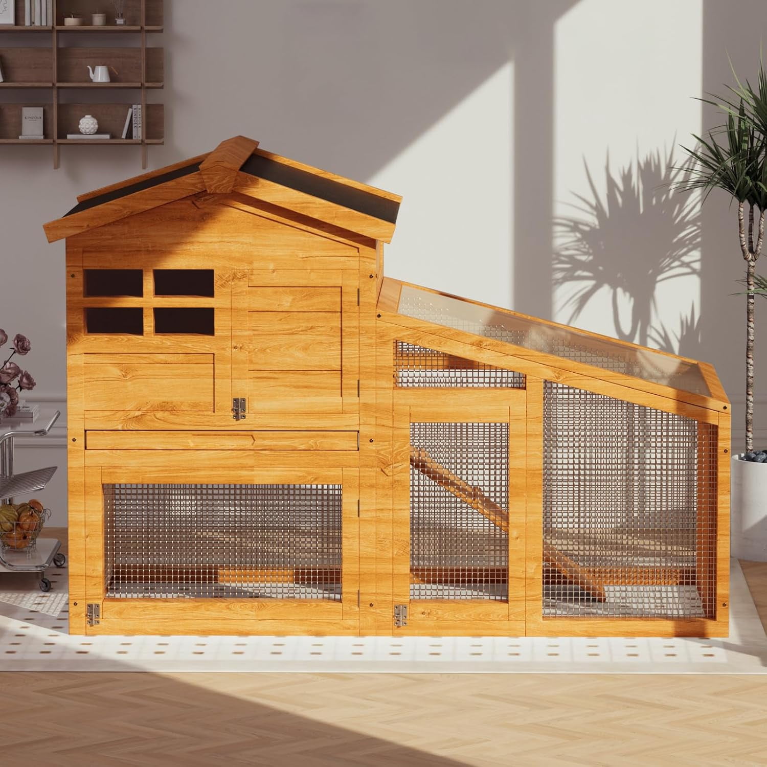 Wooden Rabbit Hutch Indoor and Outdoor, Large Rabbit Cage Chicken Coop Expandable, Weatherproof Bunny Cage with Anti-Chew Metal Frame Ramp for Backyard Small Animals, Natural
