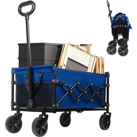 Collapsible Wagon Folding Utility Cart, Beach Wagon 352LBS Heavy-Duty with Adjustable Handles, 5" Quiet Swivel Wheels, Lightweight (11lbs) for Groceries, Camping, Moving, Blue