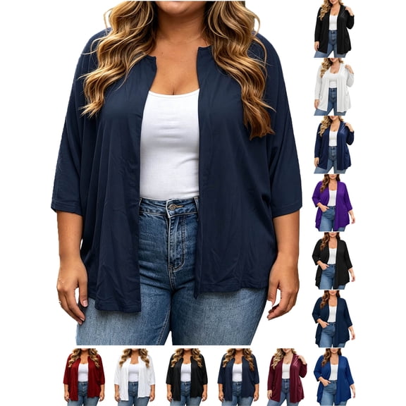 Bmawag Lightweight Cropped Cardigan for Women Plus Size Solid Color Casual Loose Open Front Elbow Length Sleeve V-Neck Cardigan Tops Hot Pink XXL