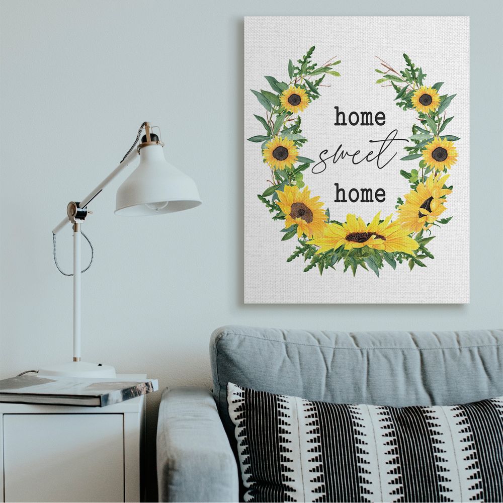 Stupell Industries Charming Home Sweet Home Sign Sunflower Wreath Canvas Wall Art Design by Lettered and Lined, 36" x 48"