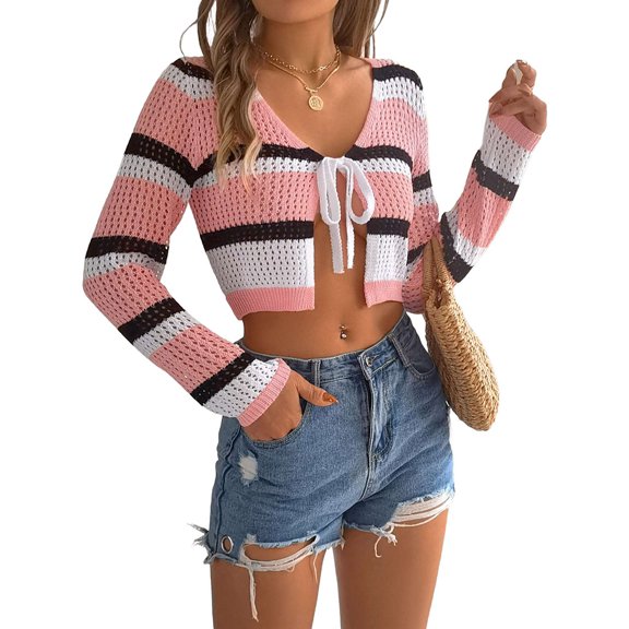 Gdvsclr Women'S Tie Front Tops Bell Long Sleeve Knit Crochet Cardigan Crop Top Pink XL