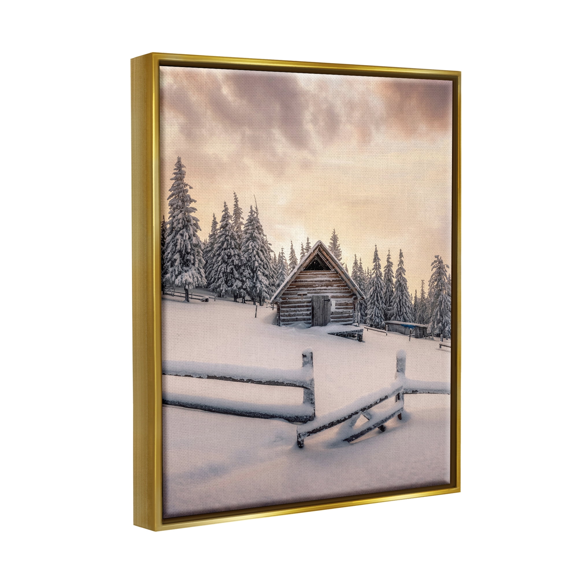 Stupell Industries Rural Winter Cabin Landscape Photography Gold Floater Framed Canvas Art Print Wall Art, 17 x 21