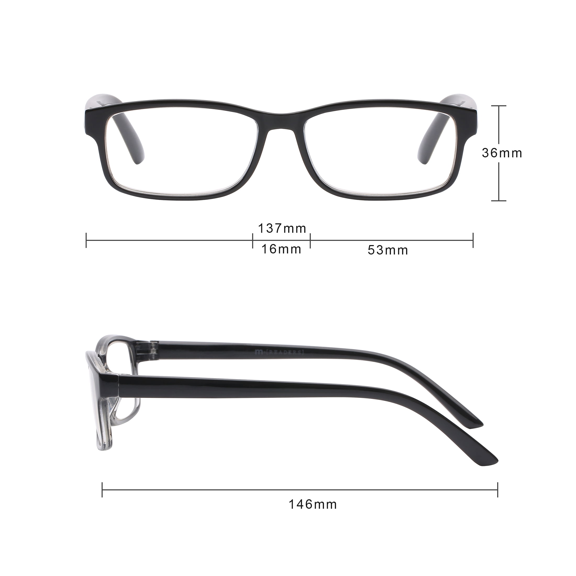 M+ Men's Scratch Resistant Fraizer +1.50 Rectangle Reading Glasses with Case, Black