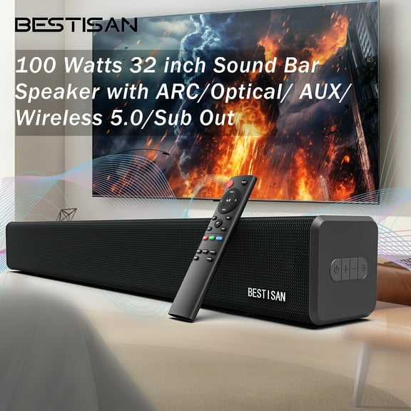 FortuneKey 32" 100W Sound Bar w/ Built-in Subwoofer - ARC, Bluetooth 5.0, Optical/AUX/USB - 3 Audio Modes, Bass Adjustable, Wall Mountable for Smart TVs