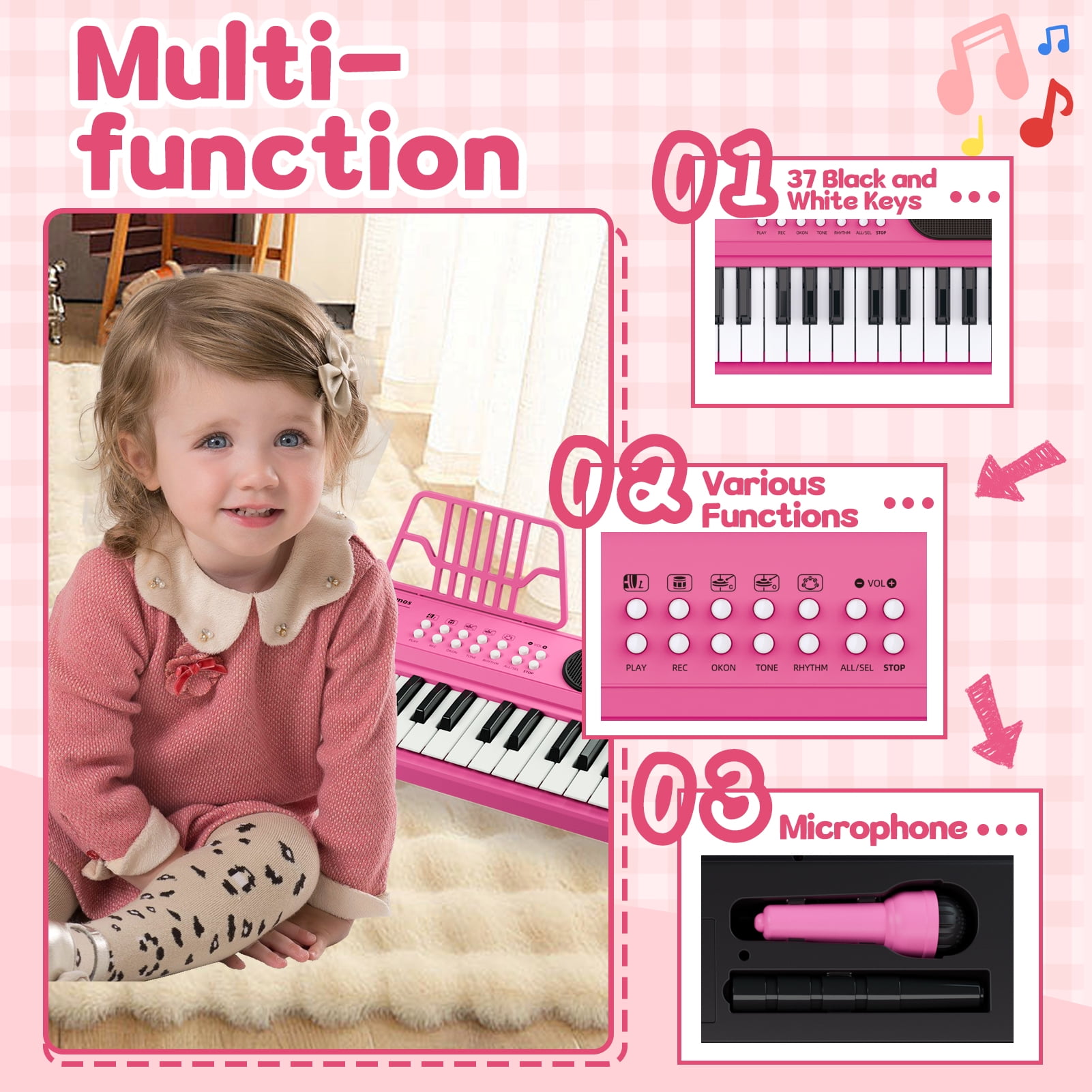 First Birthday Gifts for Girls, 37 Key Pink Piano Keyboard for Kids Toys for 12+ Months Olds Girls, Musical Piano with Microphone & Music Stand, Portable Electronic Instrument Gifts for Toddlers 1-3