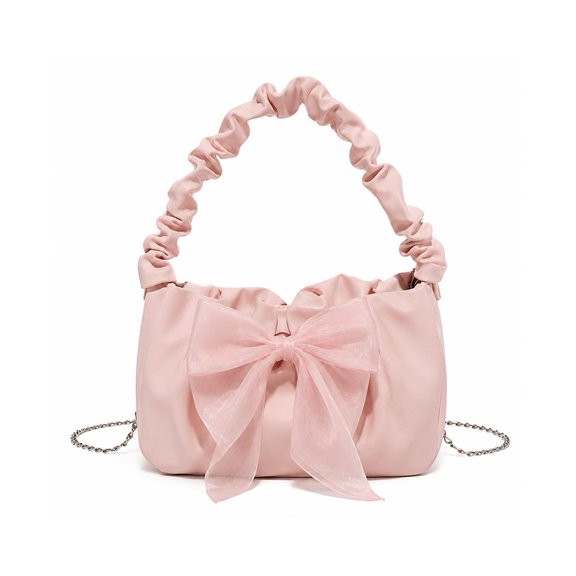 Women’s Bow Mini Handbag, Cute PU Leather Ruched Handle Shoulder Bag, Petite Crossbody Evening Bag for Girls, Lightweight Top Handle Purse for Party, Date & Daily Use