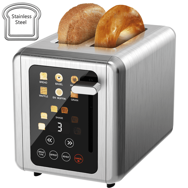 Tostadora de 2 ranuras con pantalla táctil WHALL ULTRA, cuerpo de acero inoxidable, ranuras anchas de 1.5 pulgadas, funciones para pan bagel y descongelar, 850W
