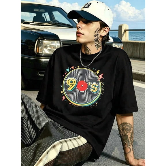 【New Arrival】90's Retro Vinyl Record Graphic T-Shirt, Cotton Crew Neck Short Sleeve Tee, 90s Music Nostalgia Streetwear Vintage Music Lover Gift