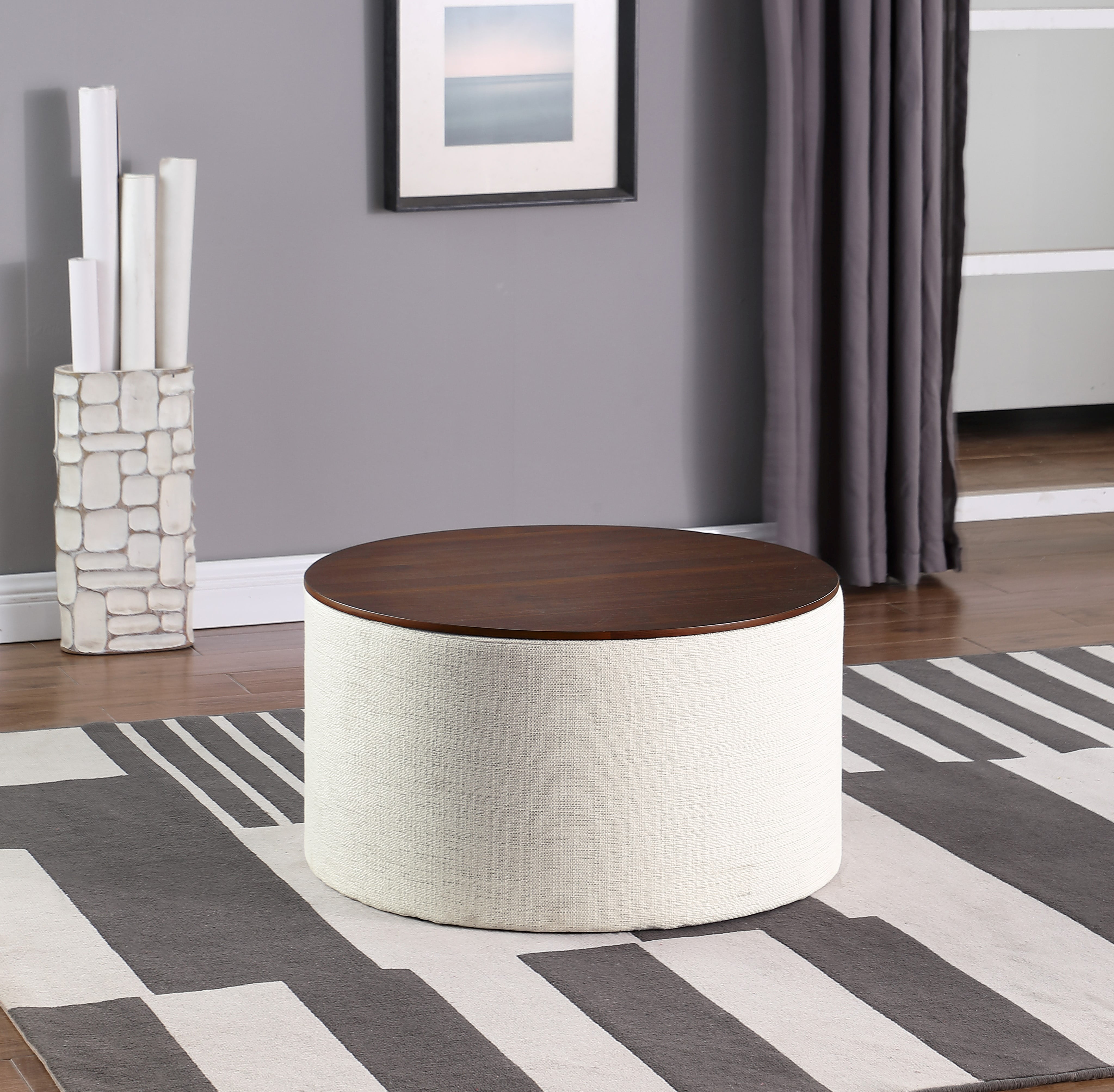 HomePop Large Modern Round Storage Ottoman with Wood Lift-Top Lid, Cream/Dark Walnut