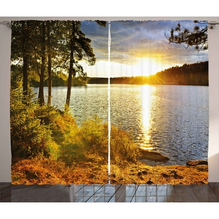 Landscape Curtains 2 Panels Set, Sunset Dawn in the Forest over Lake of Two Rivers Algonquin Park Ontario Canada, Window Drapes for Living Room Bedroom, 108W X 108L Inches, Multicolor, by