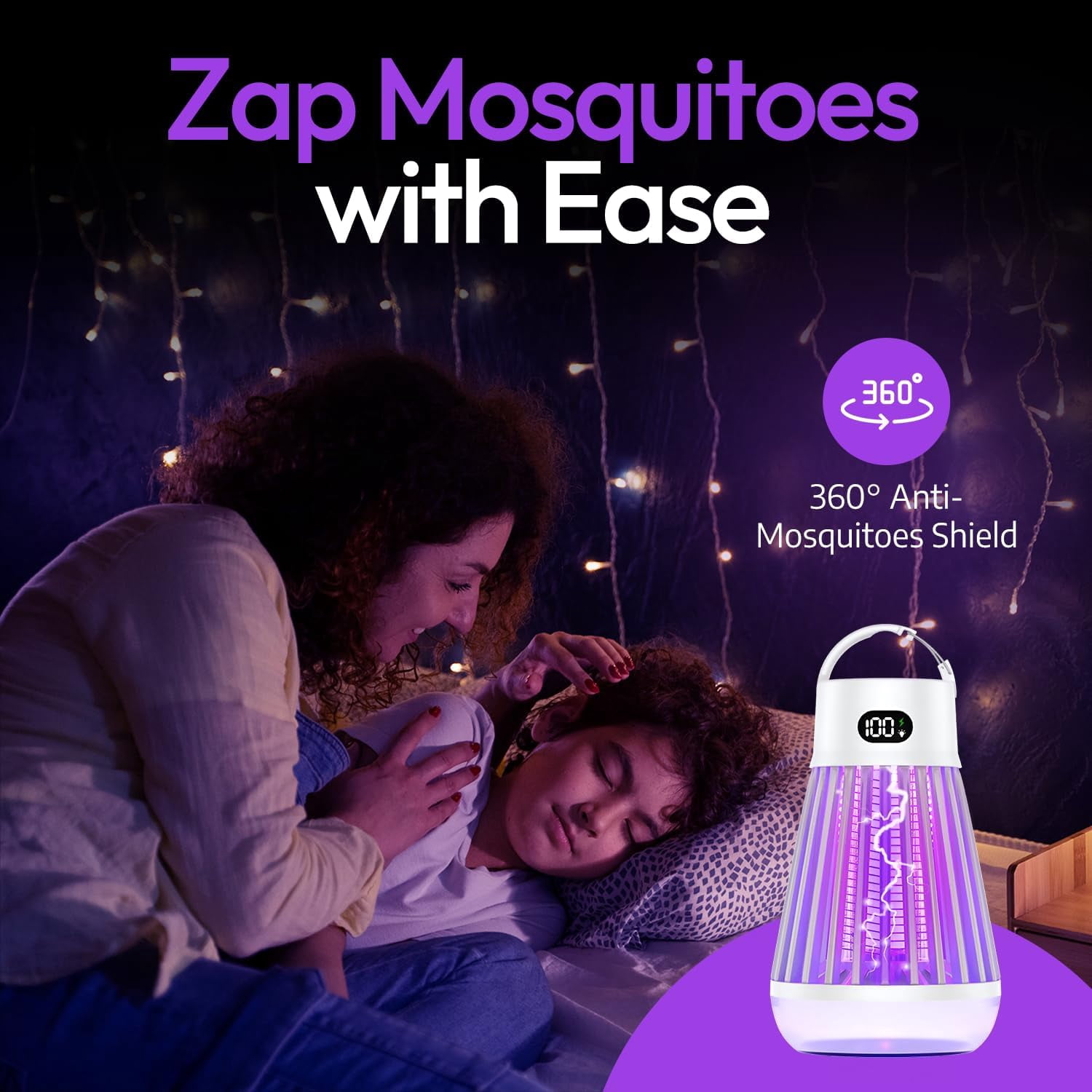 Portable Bug Zapper, Indoor & Outdoor, Cordless Rechargeable Mosquito Zapper, Hanging Hook, 1600V High Voltage, Trap for Fly, Insect, Mosquito & Bugs, Home Garden Patio Backyard