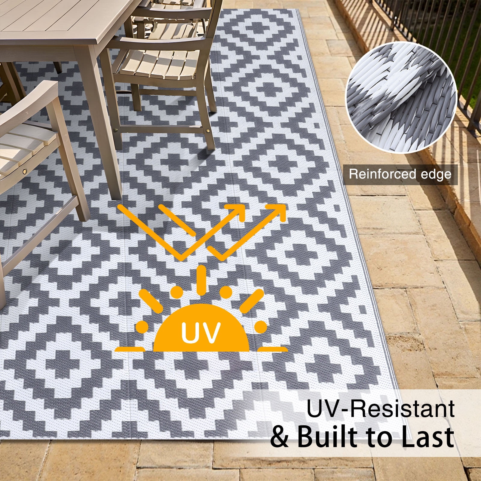 Smiry Outdoor Rug 6x9, Waterproof Reversible Plastic Outdoor Mat, Indoor Outdoor Rugs for Patio, RV, Deck, Porch, Grey & White