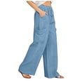 thumbnail image 4 of Tnhcen Women's Casual Loose Wide Leg Pants Drawstring Elastic Waistband Relaxed Fit Cargo Pocket Plus Size 2XL Rayon Polyester Linen - Like Trousers, 4 of 5