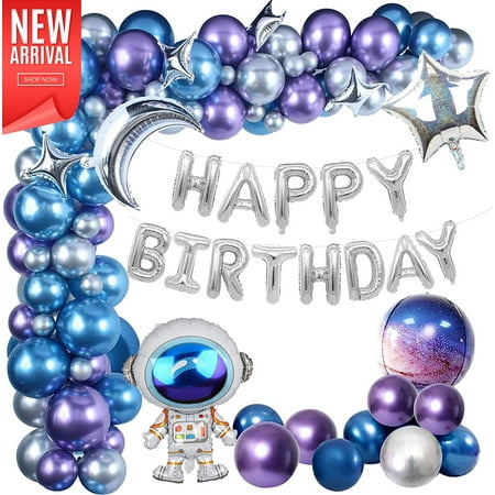 Outer Space Balloon Garland Kit, 109 pcs Outer Space Party Decorations with Happy Birthday Galaxy Rocket Astronaut Moon Star Foil Balloons for Space Themed Birthday Party Supplies