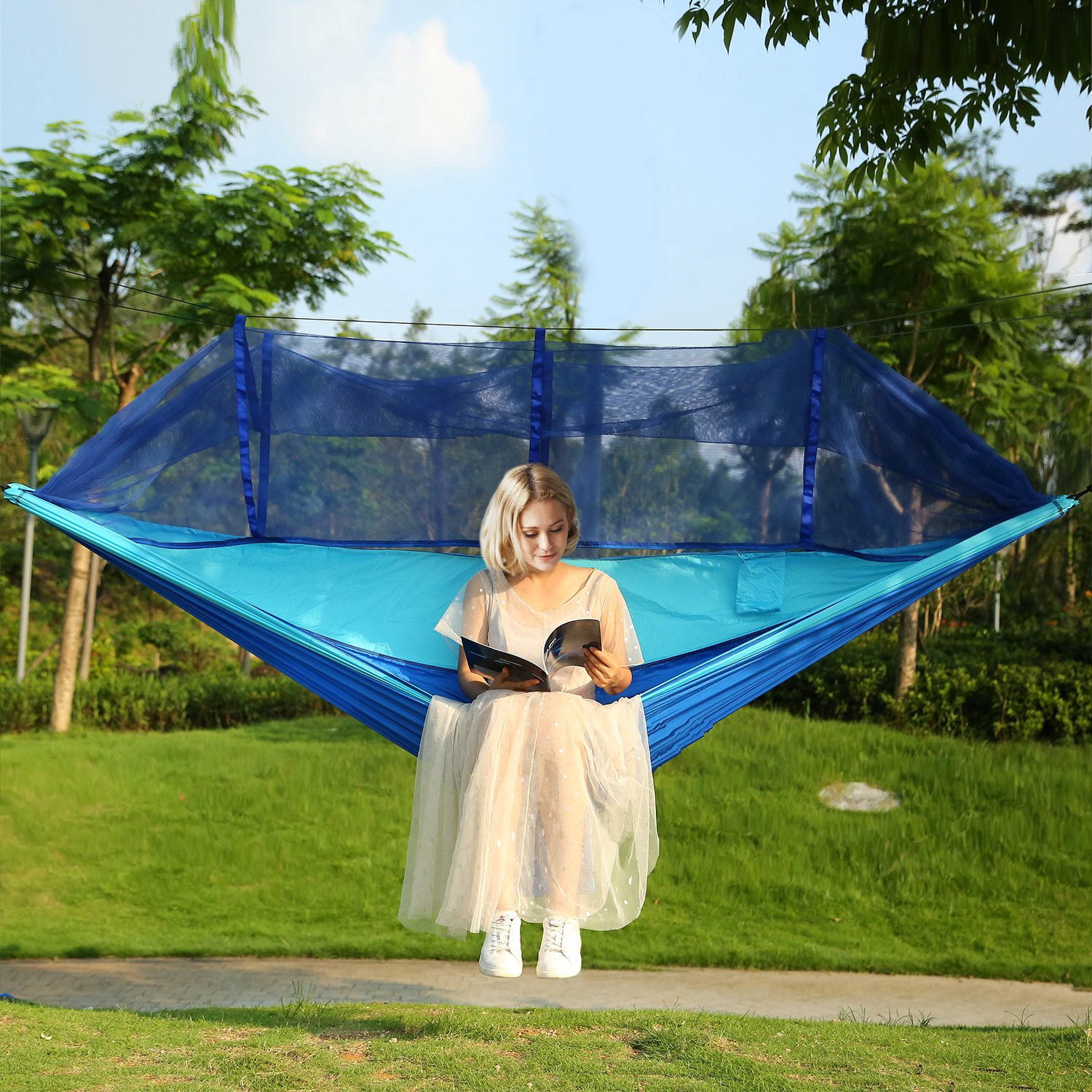 102x55in Camping Hammock TeqHome 2 Person Hammock Tent with Strap Hook Carry Bag for Outdoor Hiking Survival Travel Blue