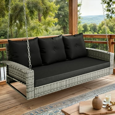 ModFusion Woven Rattan Bench Porch Swing with Swing Chair/Rack, Black and Gray