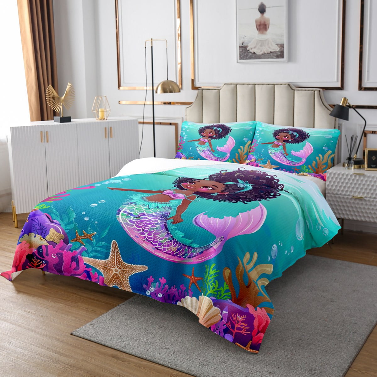 YST Black Mermaid Quilt Set Queen Black Princess Girl Bedding Set