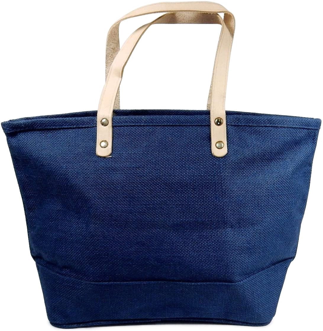 Jute Tote Bag With Leather Handles Burlap Purse, Reusable Shopping