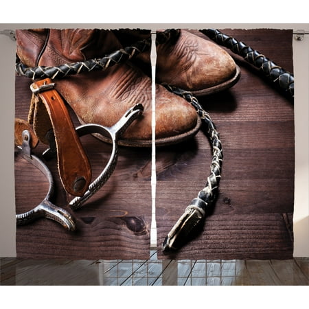 Western Decor Curtains 2 Panels Set, Authentic Old Leather Boots and Spurs Rustic Rodeo Equipment USA Style Art Picture, Window Drapes for Living Room Bedroom, 108W X 90L Inches, Brown, by Ambesonne