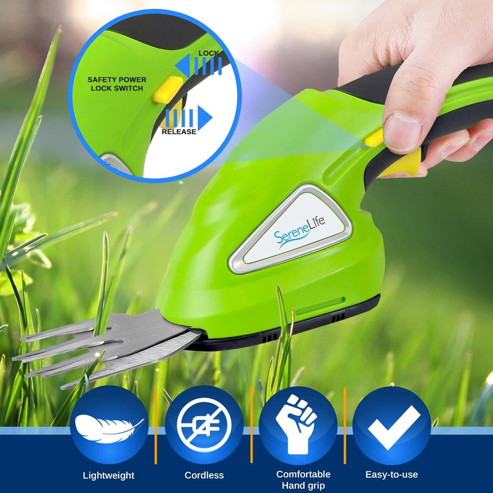 SereneLife Cordless Handheld Grass Cutter Shears – Portable Lightweight Electric Hedge Trimmer with Rechargeable 3.6V Battery, Changeable Blade Garden Clippers (Light Green)