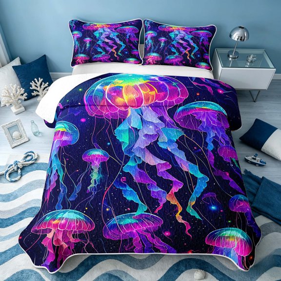 Erosebridal Ocean Jellyfish Twin Quilt Set, Sea Animal Twin Coverlet Set, Black Reversible 2 Pieces, 1 Bedspread and 1 Pillowcase