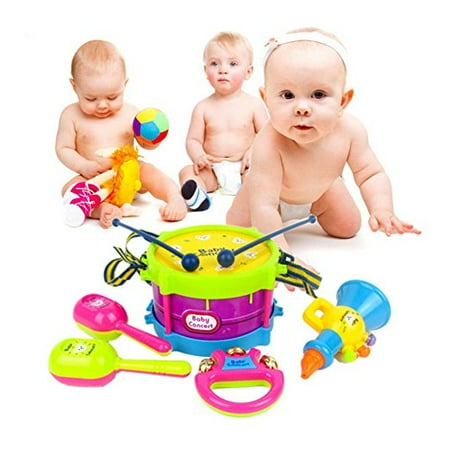 Rhythm Band Tunable Hand Drum Kids 5 PCS Musical Instruments & Percussion Toy, Roll Drum Rhythm Band Set For Baby, Tactile Visual Sense and Musical Perception For Early Learning Education ()
