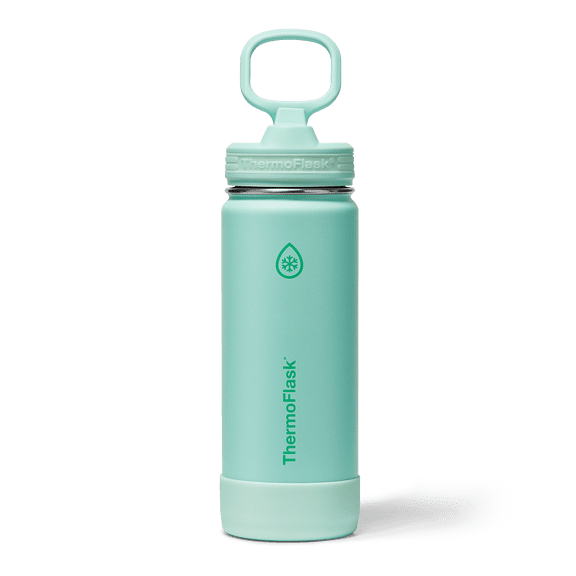 ThermoFlask 18 oz Kids Glow-In-The-Dark Insulated Stainless Steel Water Bottle, Leakproof Straw Lid, Jelly Mint