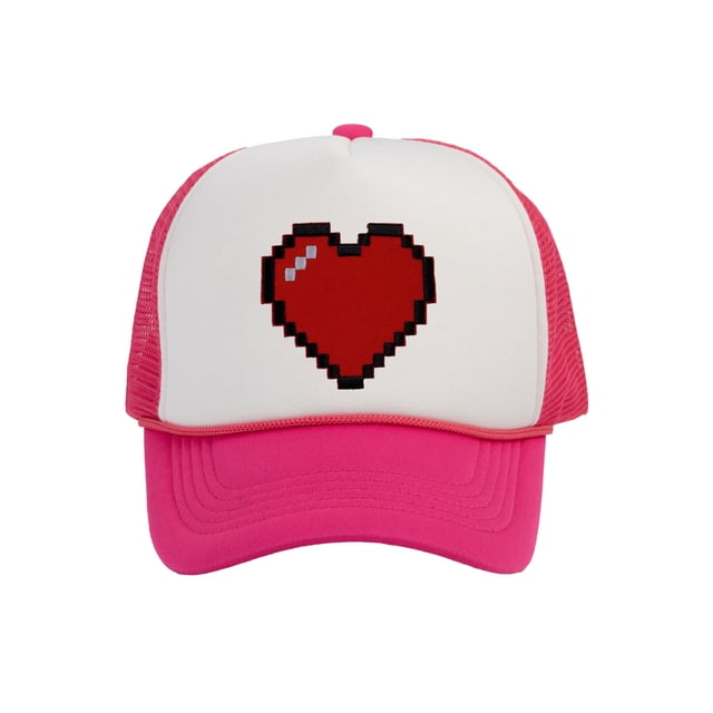 Men's 80's Retro Large 8 Bit Pixelated Heart Gamer Trucker Hat, White/Hot Pink
