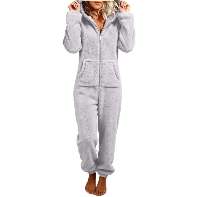RXMEKW Combinaison à Capuche en Polaire Pyjama pour Femmes Manches Longues Tenue de Maison Fermeture Éclair devant Vert Armée Uni