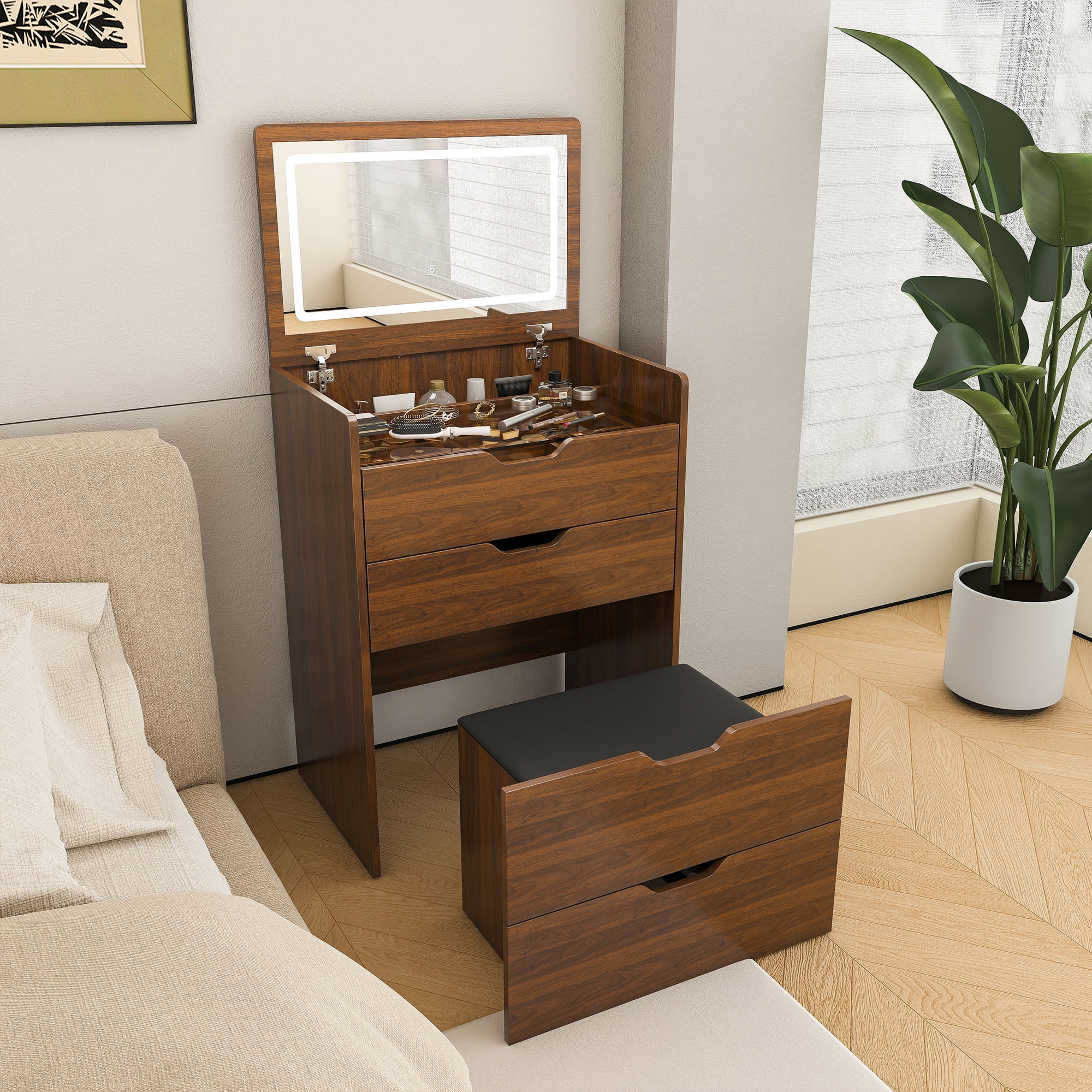 3-in-1 Vanity Desk with Lighted Mirror & Stool, Flip Top Makeup Dressing Table, Compact Storage for Bedroom, Bathroom, Dressing Room (23.62"L, Walnut)