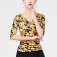 thumbnail image 4 of Half Sleeves Floral Print V Neck Ruched Drawstring Ladies Workout Dance Tops T Shirt Blouse, 4 of 5