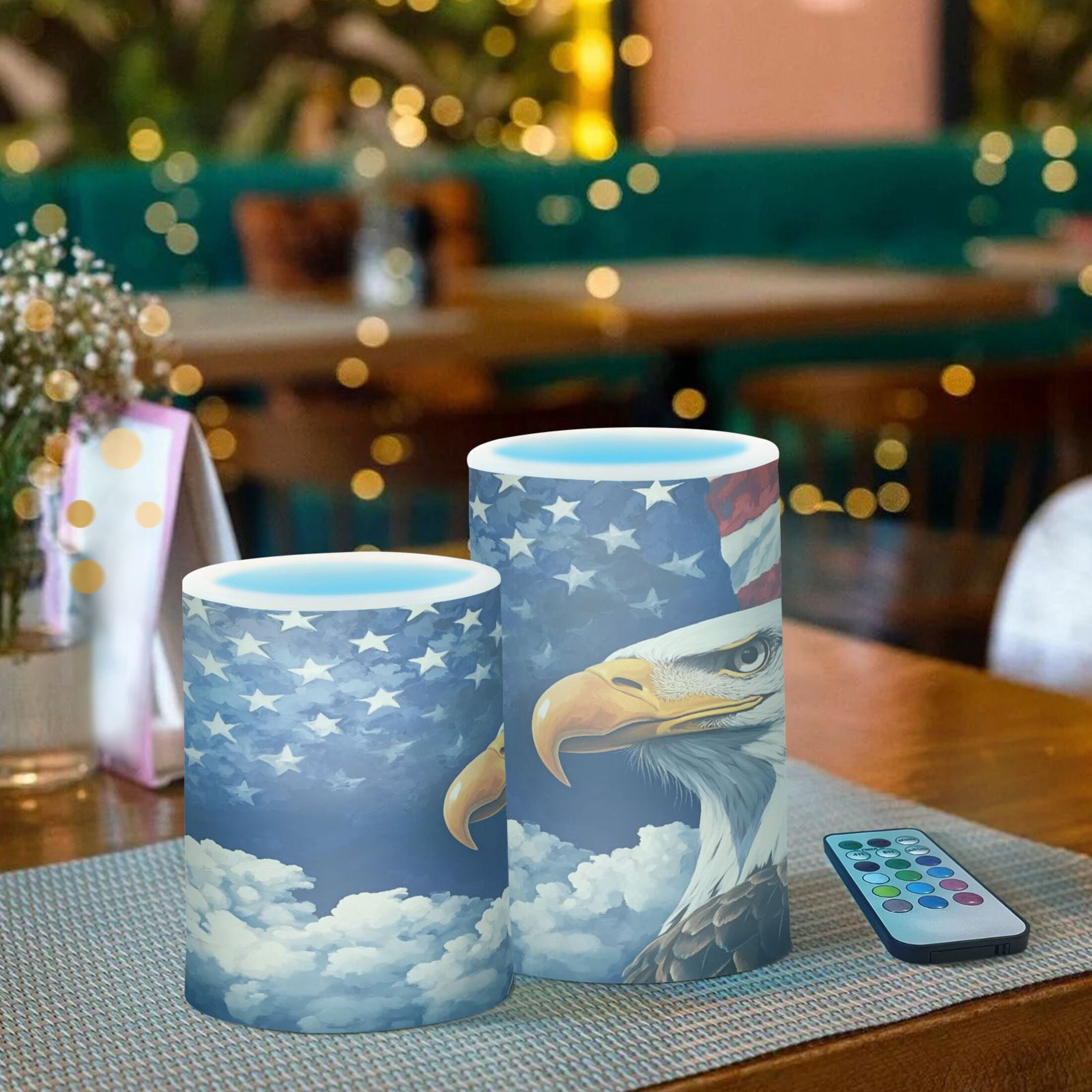 Flickering Flameless LED Candles set of 2 Battery Operated 18-Key Remotes Timer Halloween Fall Decor American Flag and Eagle D3''xH4''5''