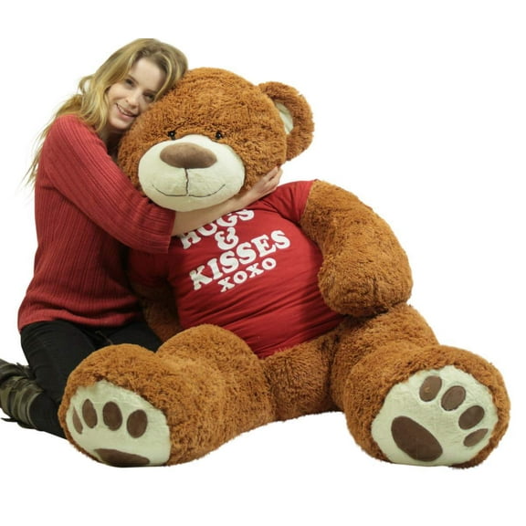 5 Foot Giant Brown Teddy Bear Wears Removable Tshirt that says Hugs and Kisses