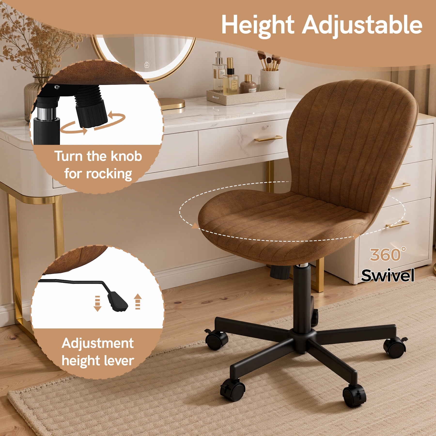 MOONMISS Mid Back PU Leather Desk Chair with Wheels,Armless Adjustable Swivel Vanity Chair for Bedroom Home Office Living Room,Brown