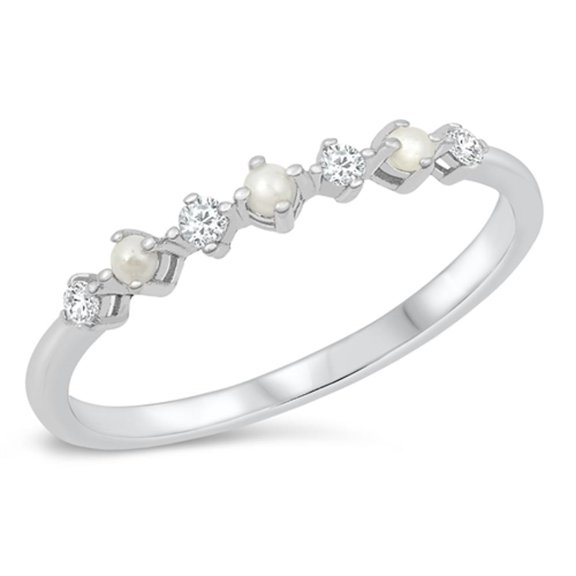 White Cubic Zirconia Simulated Pearl Ring .925 Sterling Silver Band Jewelry Female Male Size 10