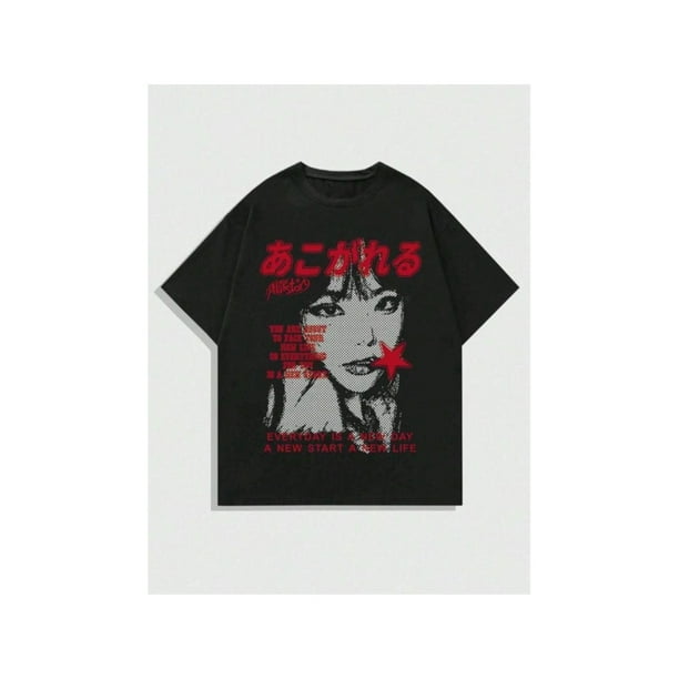 Camiseta de cuello redondo con estampado de letras y figuras para hombre, corte regular, informal, de manga corta y cuello redondo, para verano, para uso diario.