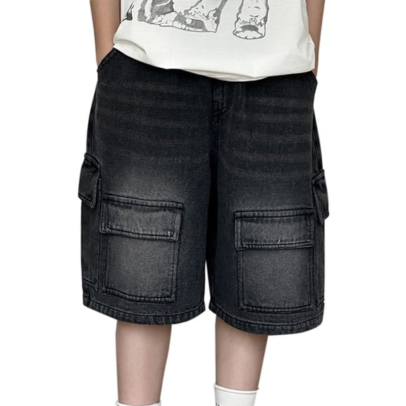 KAUOD Kids Loose Denim Shorts for Boys Casual Wide Leg Baggy Loose Zipper Hip Hop Mid Jean Shorts 2025 Trendy Streetwear