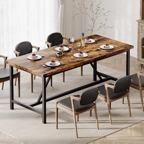 Mesa industrial para comedor 6-8 personas, 70.87"L x 29.53"W x 29.53"H, marrón rústico