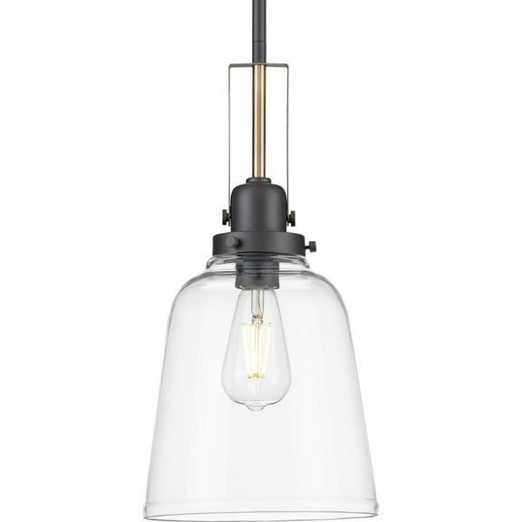 Rushton Collection One-Light Graphite/Vintage Brass and Clear Glass Industrial Style Hanging Pendant Light