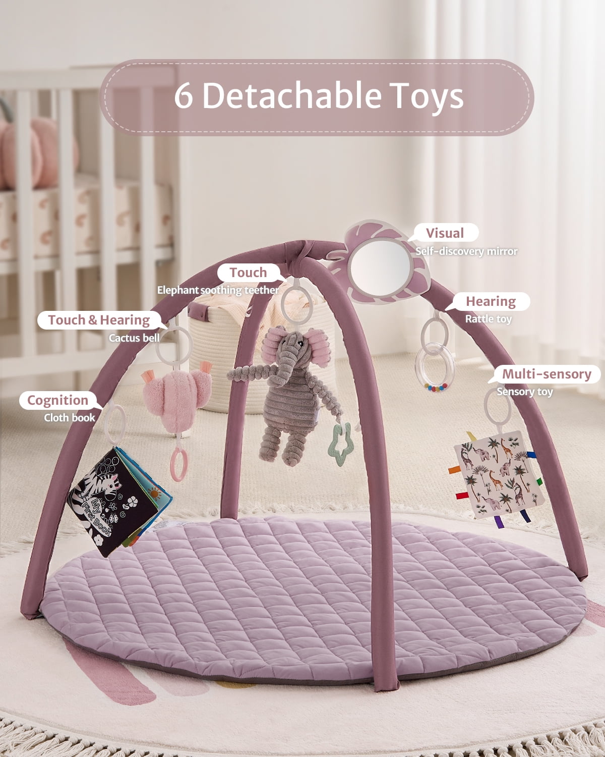 Blissful Diary Baby Play Gym Activity Mat, Tummy Time Mat Play Mat with 6 Sensory Toys for Motor Skill Development, Newborn Infant Baby Essentials Gift for Girls, Lilac Pink