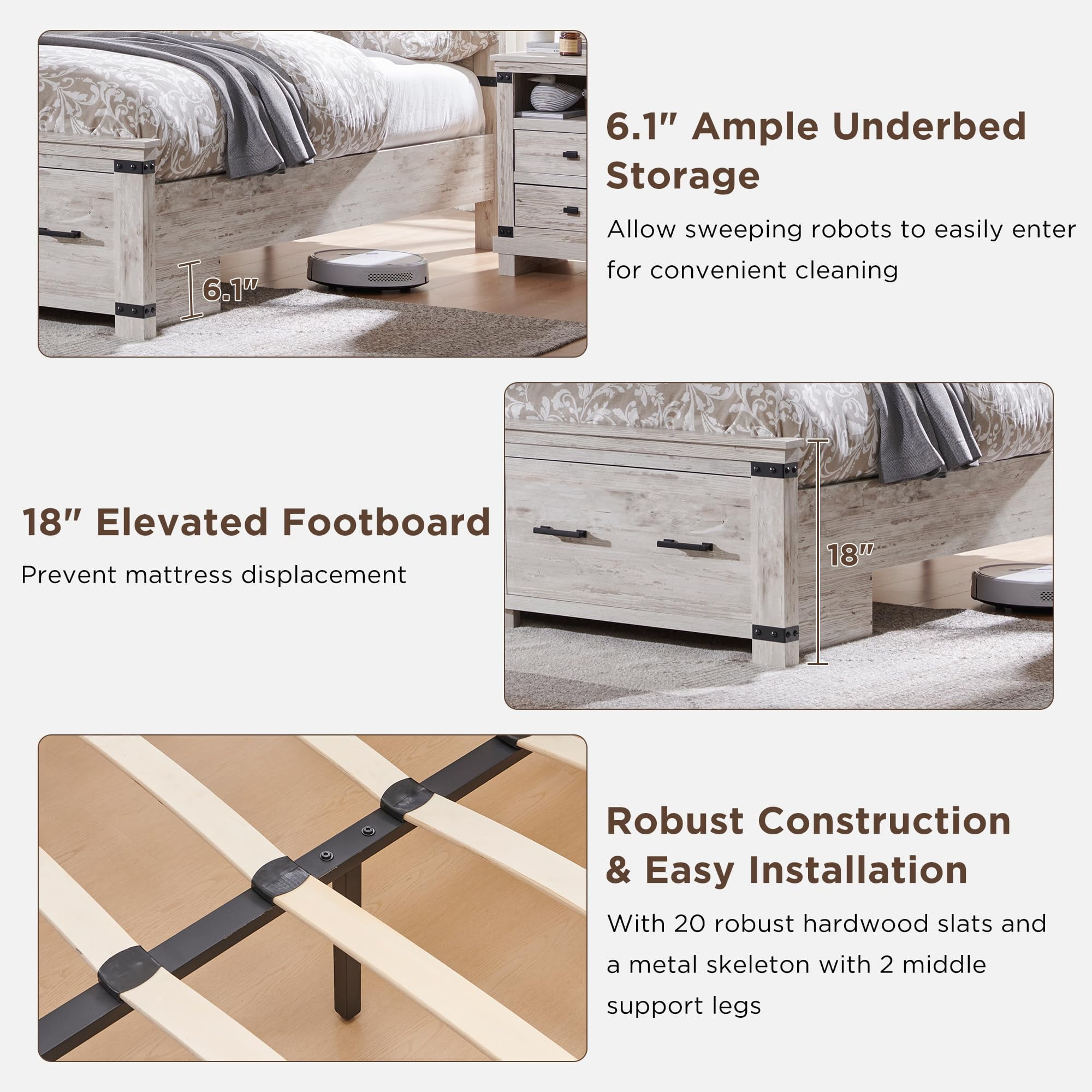 OKD Queen Size Bed Frame W/ 54" Tall Geometric Headboard, Farmhouse Wood Platform Bed W/ 2 Large Storage Drawers, No Box Spring Needed, Antique Brush White