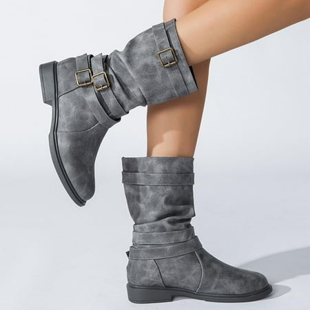 

Tejiojio Clearance Women Fashion Shoes Retro Western Boots Casual Warm Low Heels Mid-calf Boots