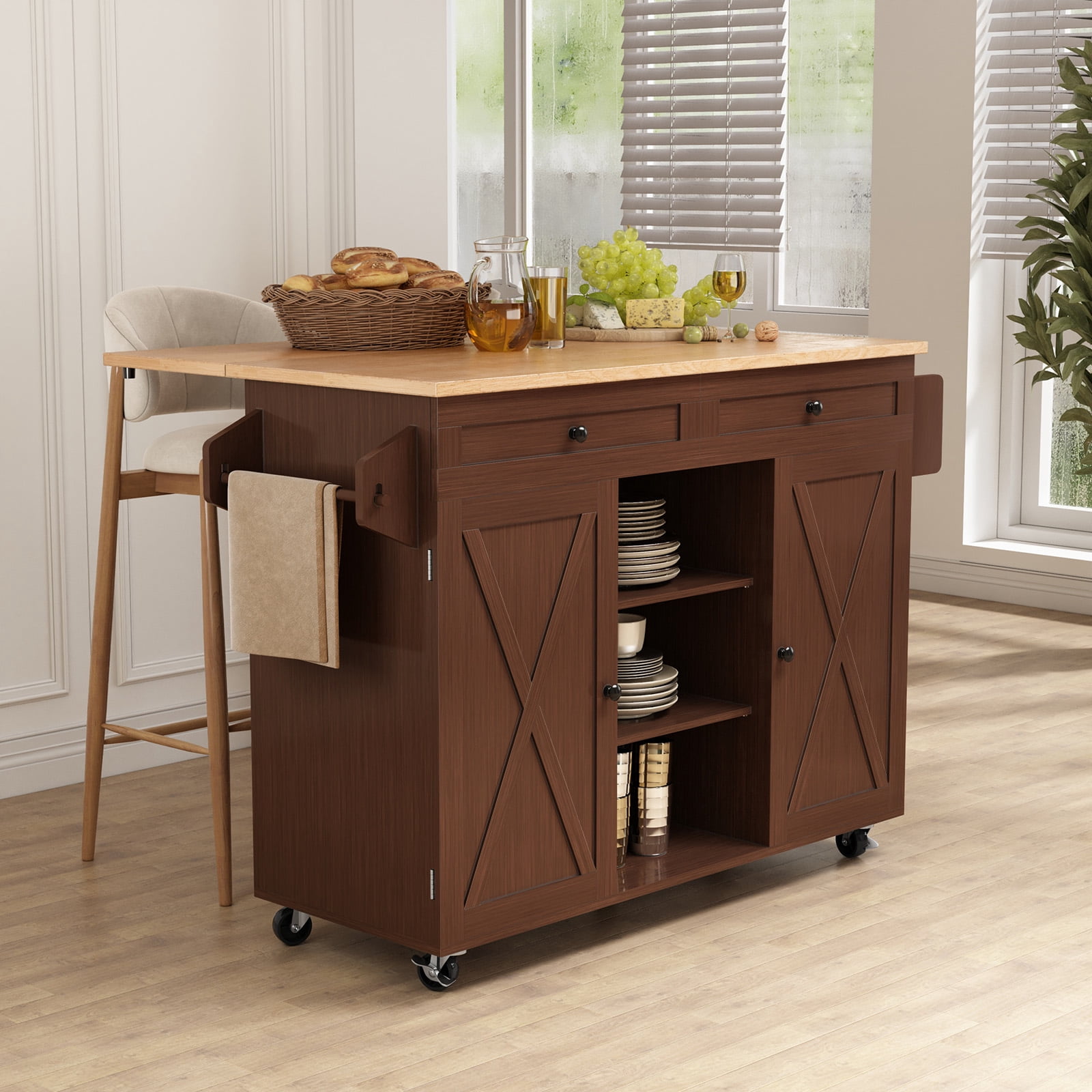 HLR 51.7" W Rolling Kitchen Island on Wheels, Adjustable Shelves, Breakfast Bar with Storage, Brown