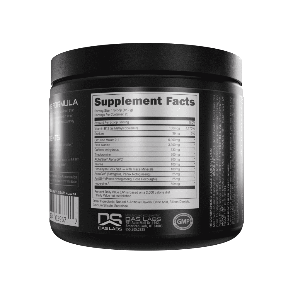 Bucked Up Woke AF Pre-Workout Powder, Increased Energy, White Gummy Deer, 333 mg Caffeine, 20 Servings