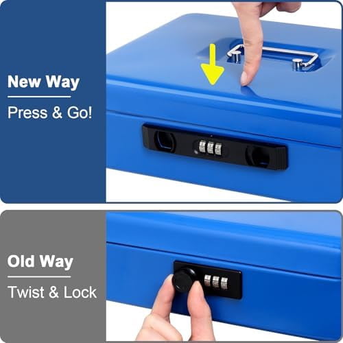 Locking Cash Box with Coin Lid, 11.8L x 9.5W x 3.5H Inches, Latch Safe Money Box with Combination Lock, Blue