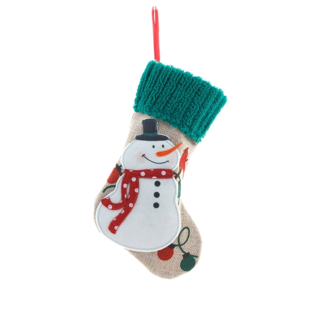 Christmas Stocking with Santa & Snowman for Tree Display - Red & White Linen Bag with Hanging Loop - Holiday Decorations for Kids
